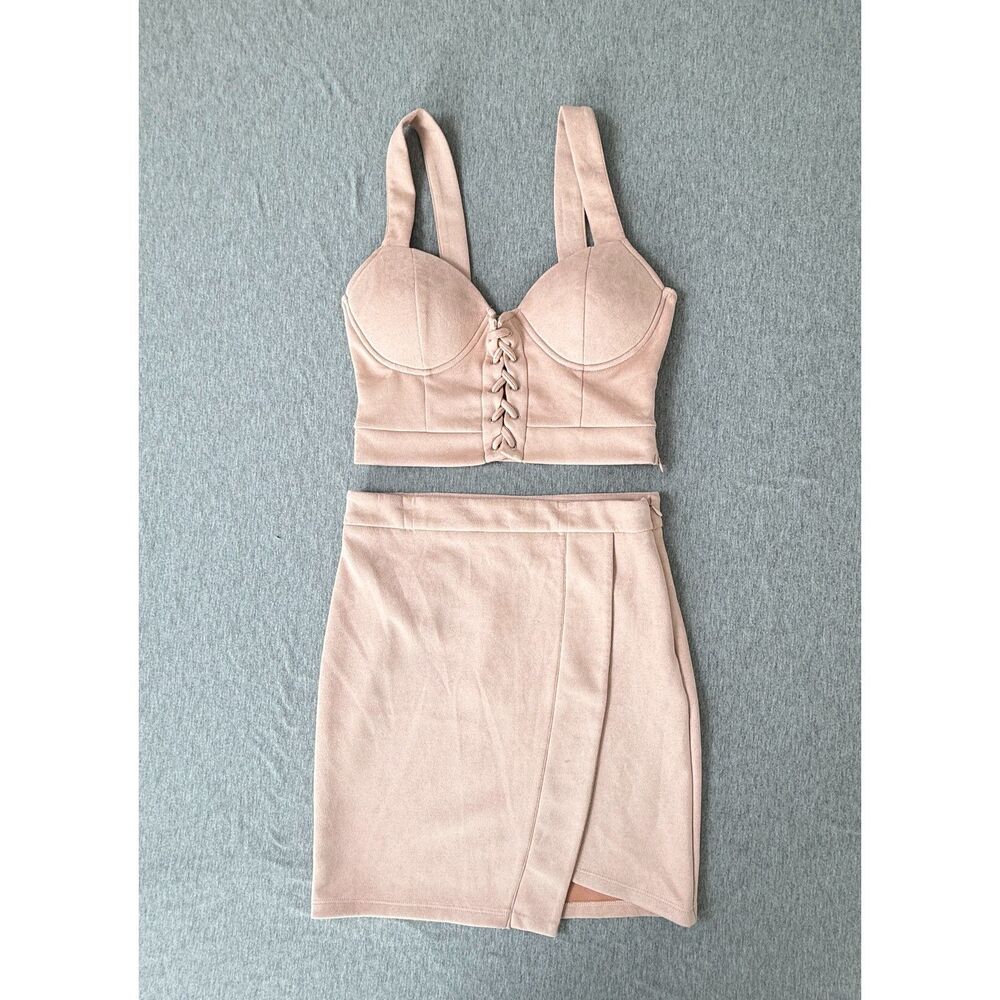 Haute Monde Faux Suede 2 Piece Set Crop Top Asymmetrical Wrap Skirt Blush Pink S